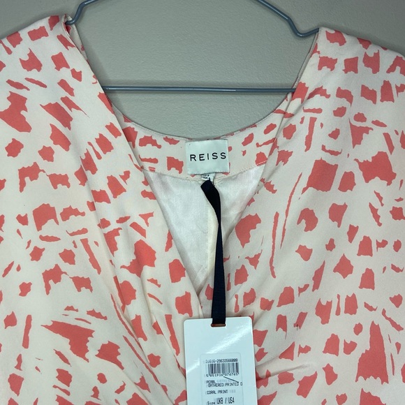 Reiss NWT Coral/Pearl Gathered Printed V-Neckline Silk Dress Size 4 - Picture 3 of 10